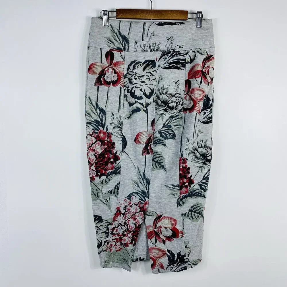 Melissa McCarthy Seven7 Size Medium Floral Ponte Knit Pull On Midi Skirt Gray